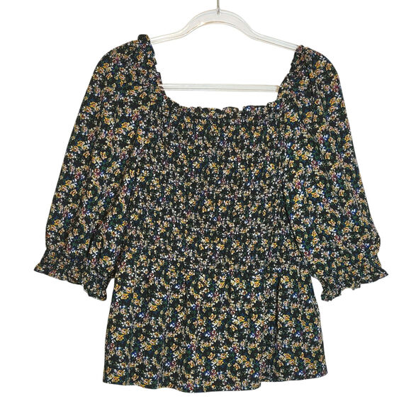 Max Studio Floral Peplum Top Blouse Smocked Blue Pink Yellow Boho Cottagecore L - Picture 8 of 12